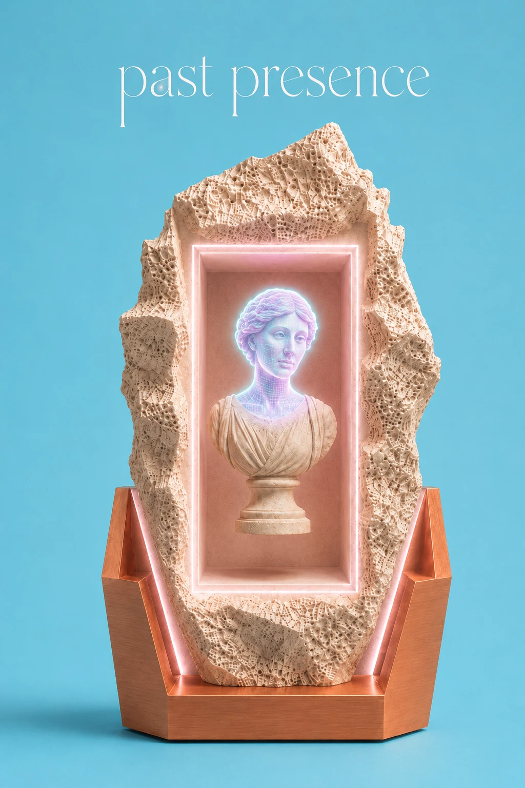 A holographic bust glowing inside a lit recess cut into a rough stone monolith, on a copper plinth.
