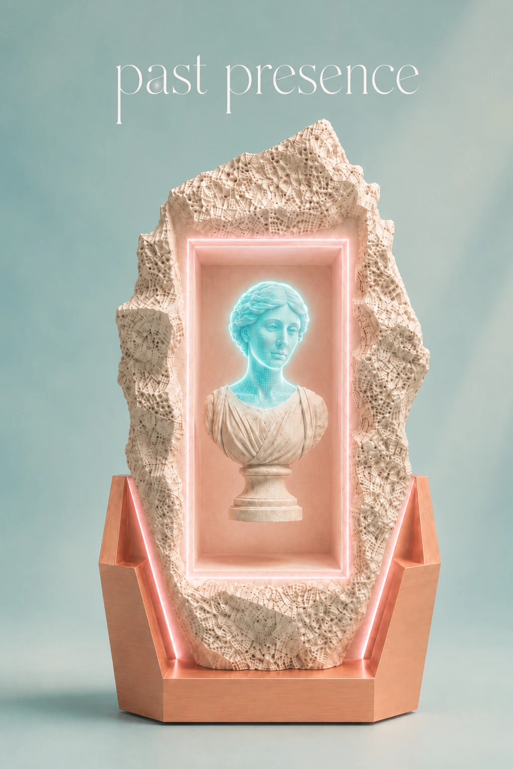 The same monolith presence, its bust glowing teal against a pale background.