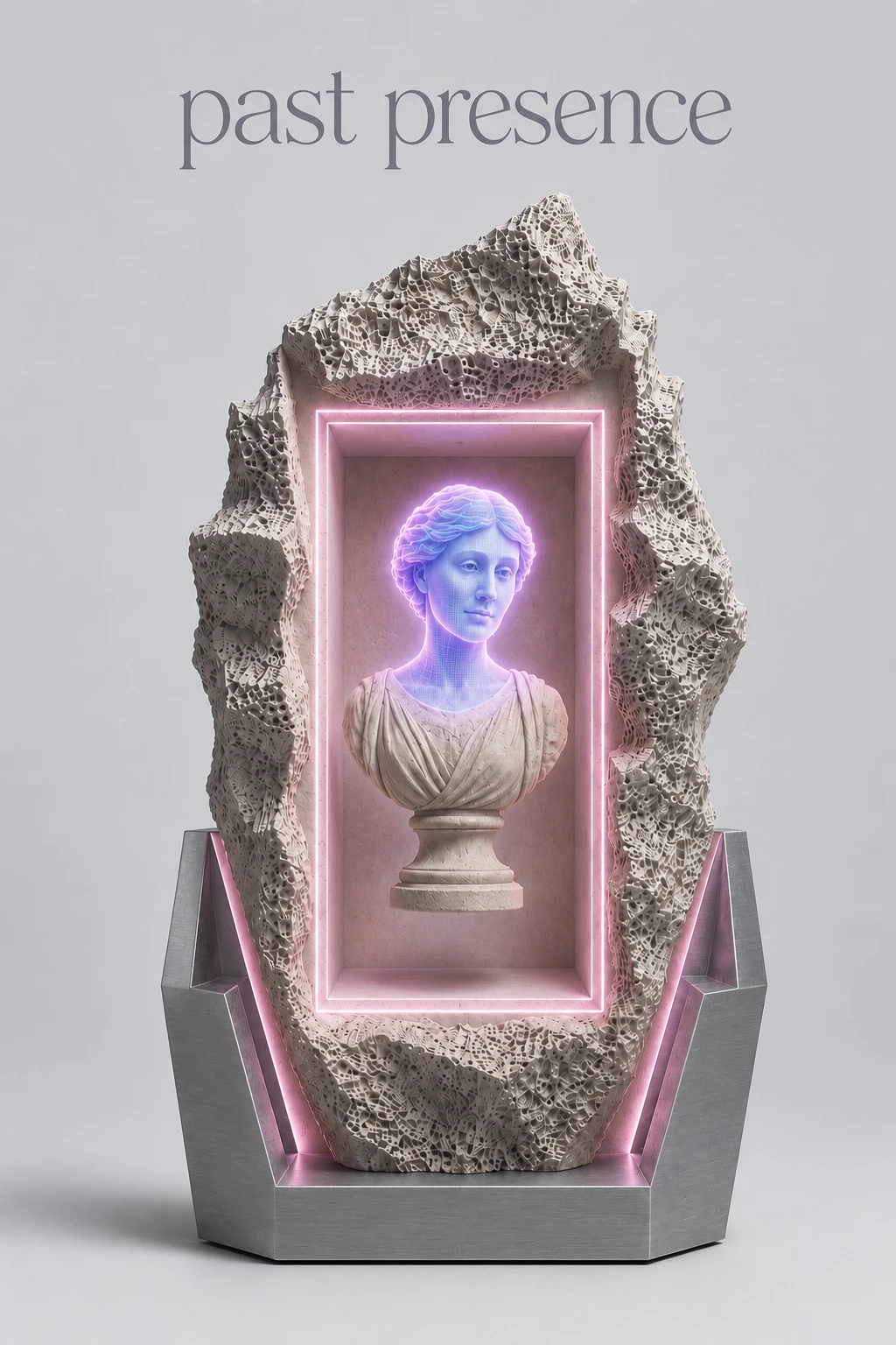 The monolith presence again, pink neon around the recess against a grey background.