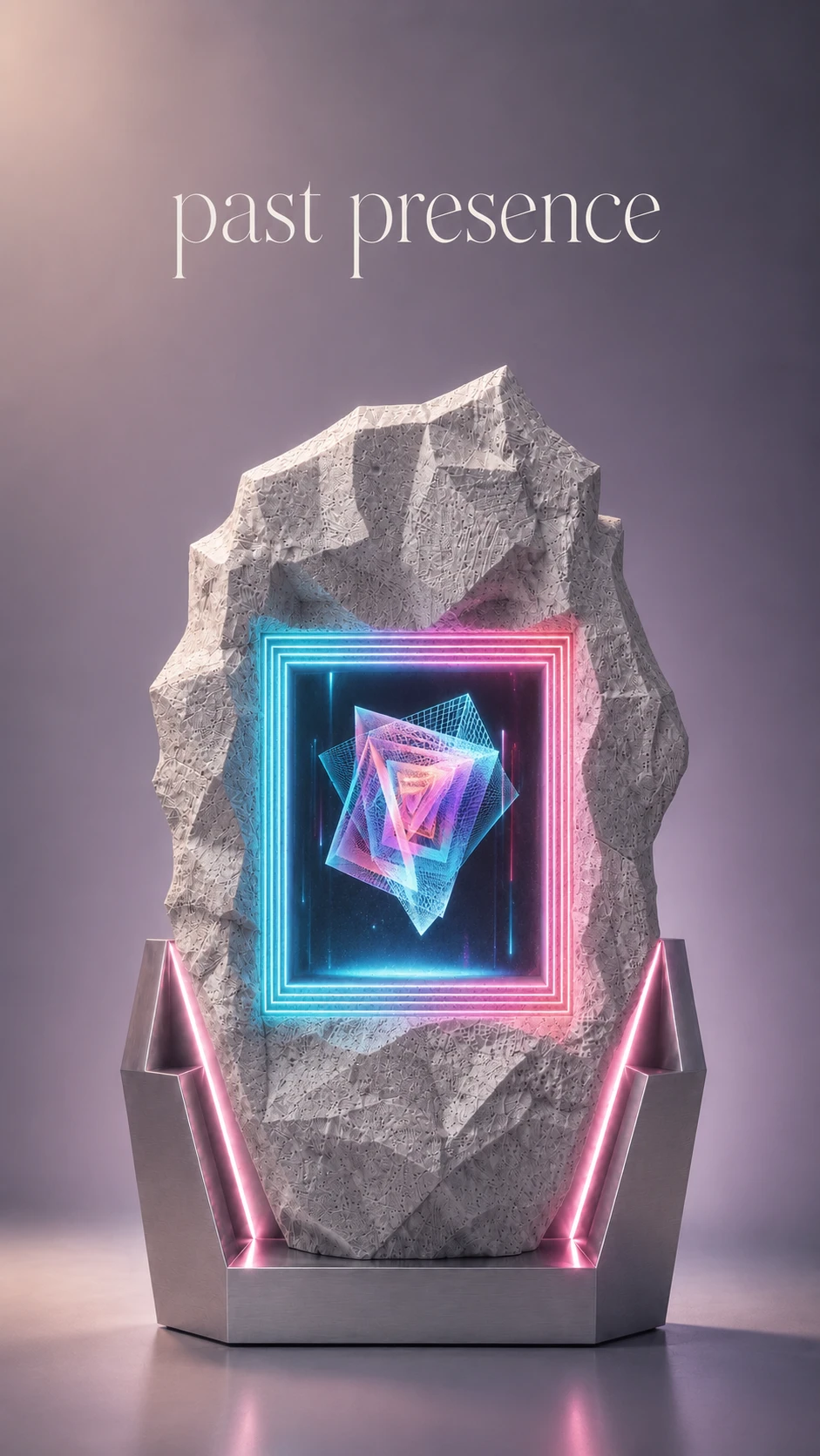 The monolith in its idle state, an abstract neon form glowing in the recess.