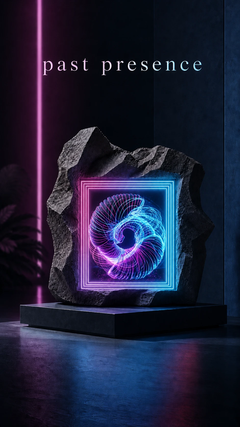 The idle monolith in a darker setting, a neon spiral turning in the recess.