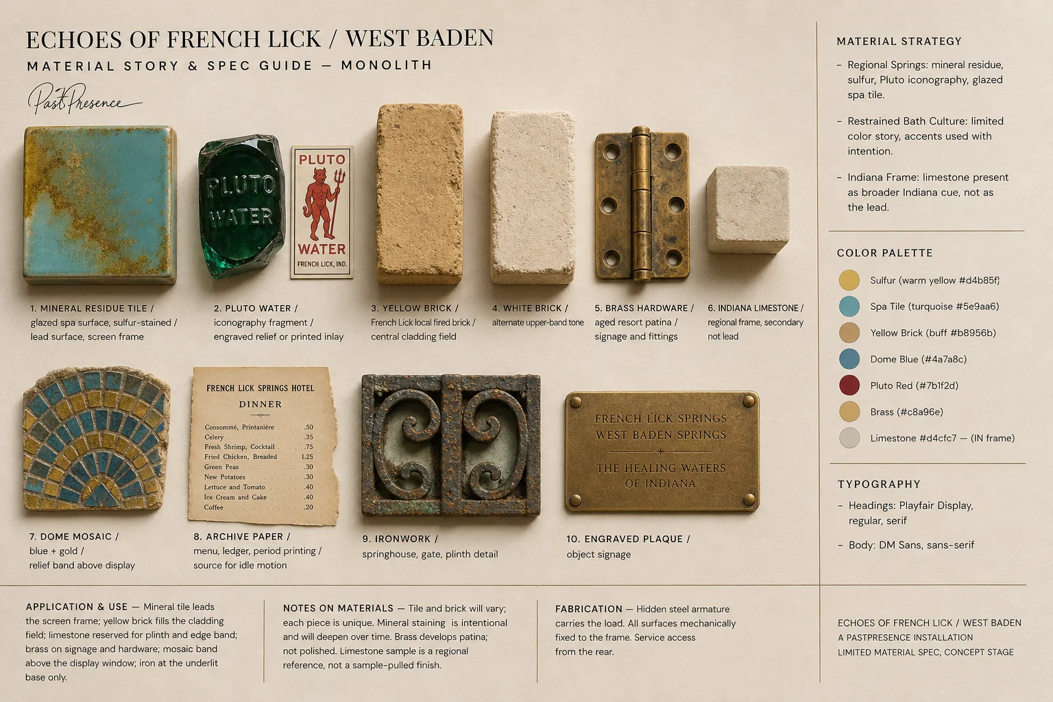 A material and scale guide for a regional monolith: stone and brick options with dimensions and specifications.