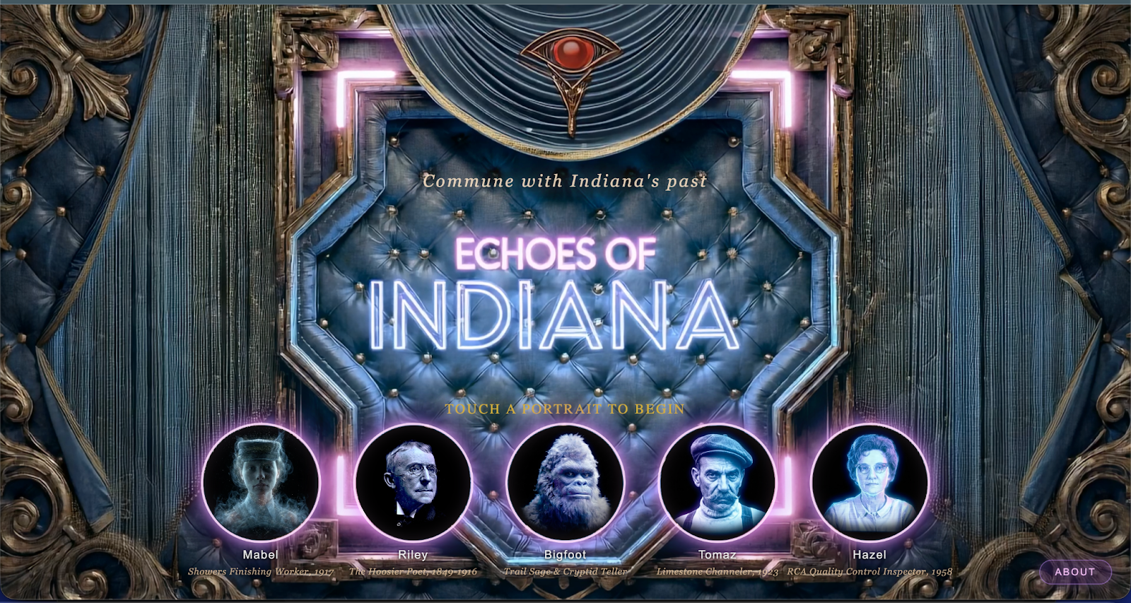 The Echoes of Indiana menu of voices: portraits of Mabel, James Whitcomb Riley, a Brown County legend, and others, with the prompt to touch a portrait to begin.
