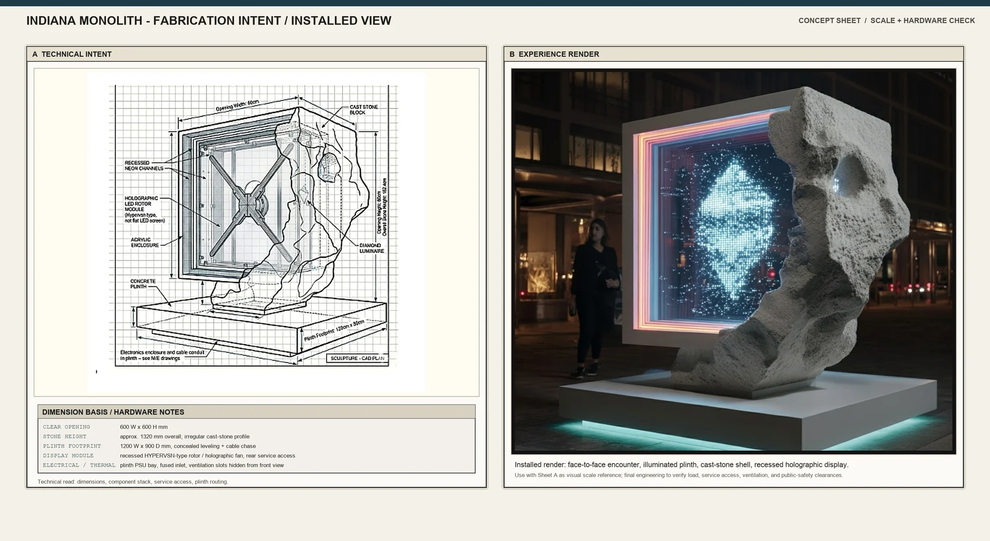 A fabrication board for the Indiana monolith: an exploded technical drawing beside an installed-view render with people for scale.