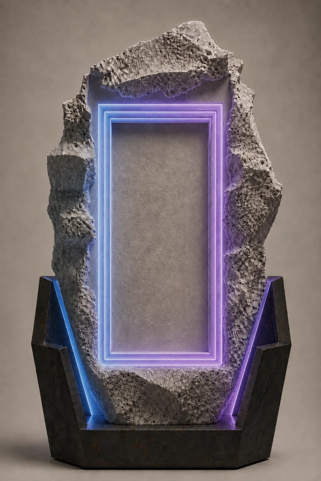 A studio product view of the stone monolith with blue and purple illuminated edges.