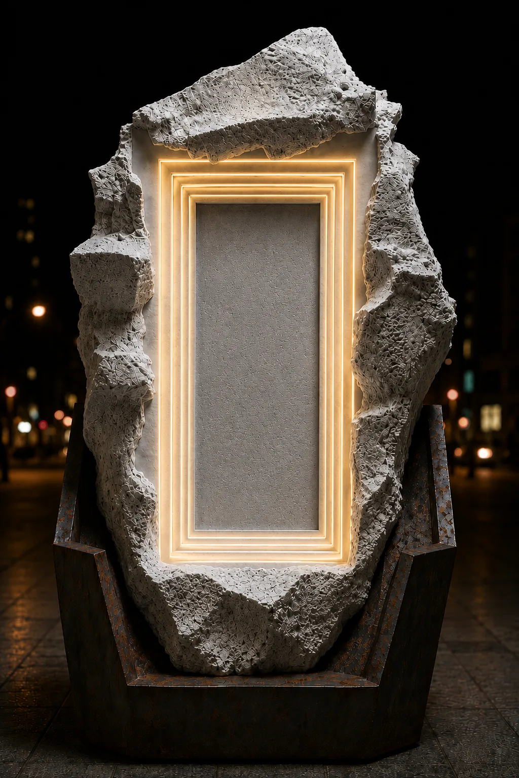 A rough stone monolith with a warm illuminated frame standing on a city street at night.