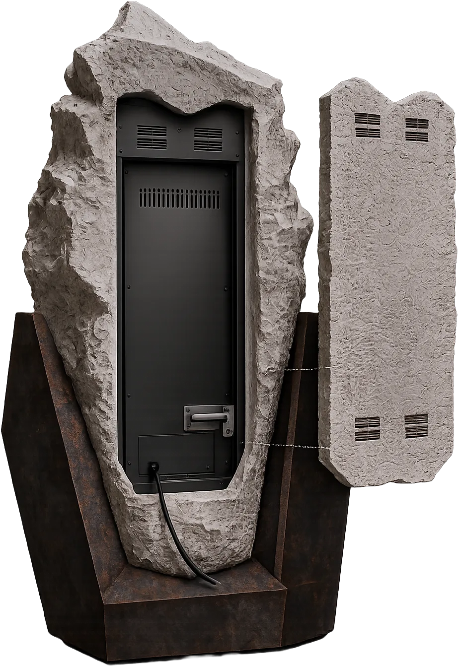 Rear view of the monolith showing service access, ventilation, and a removable back panel.
