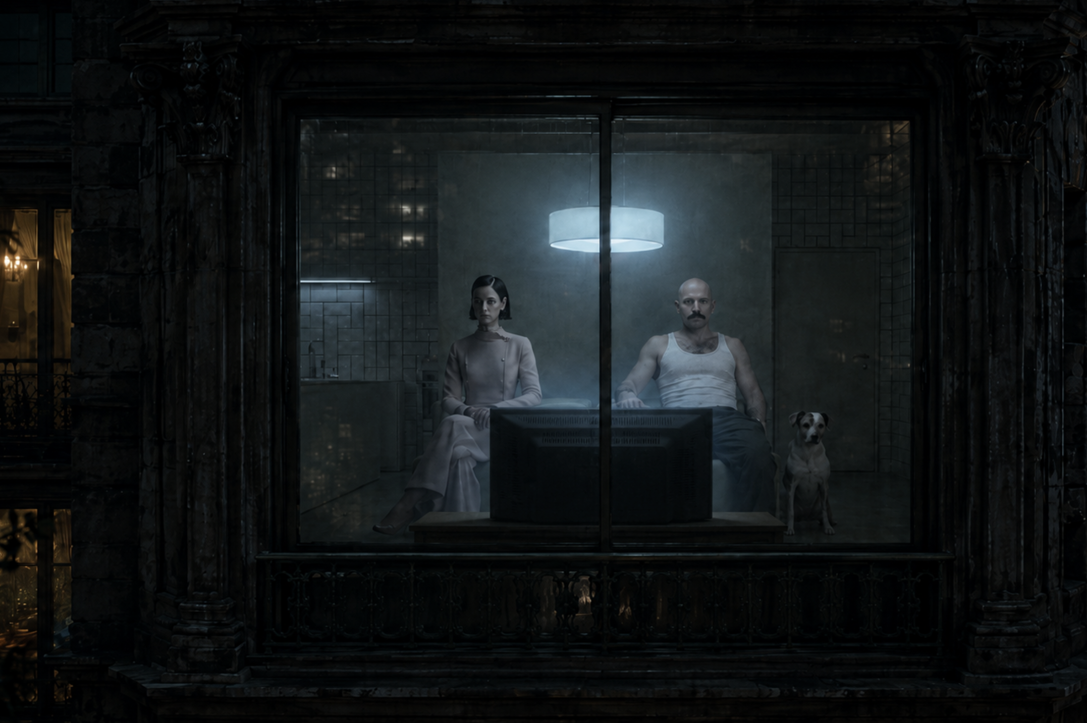 A cool grey apartment window with a couple and their dog