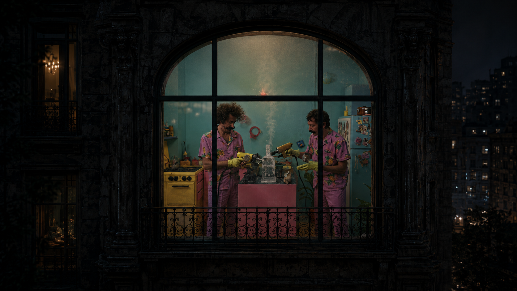 Two men in a vivid kitchen seen through their apartment window