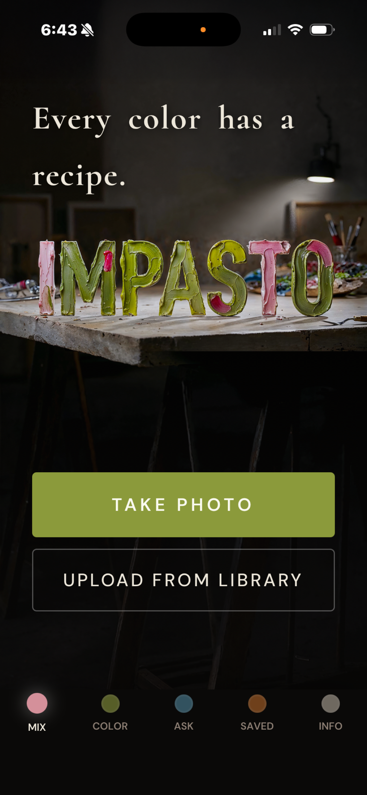 The Impasto home screen.