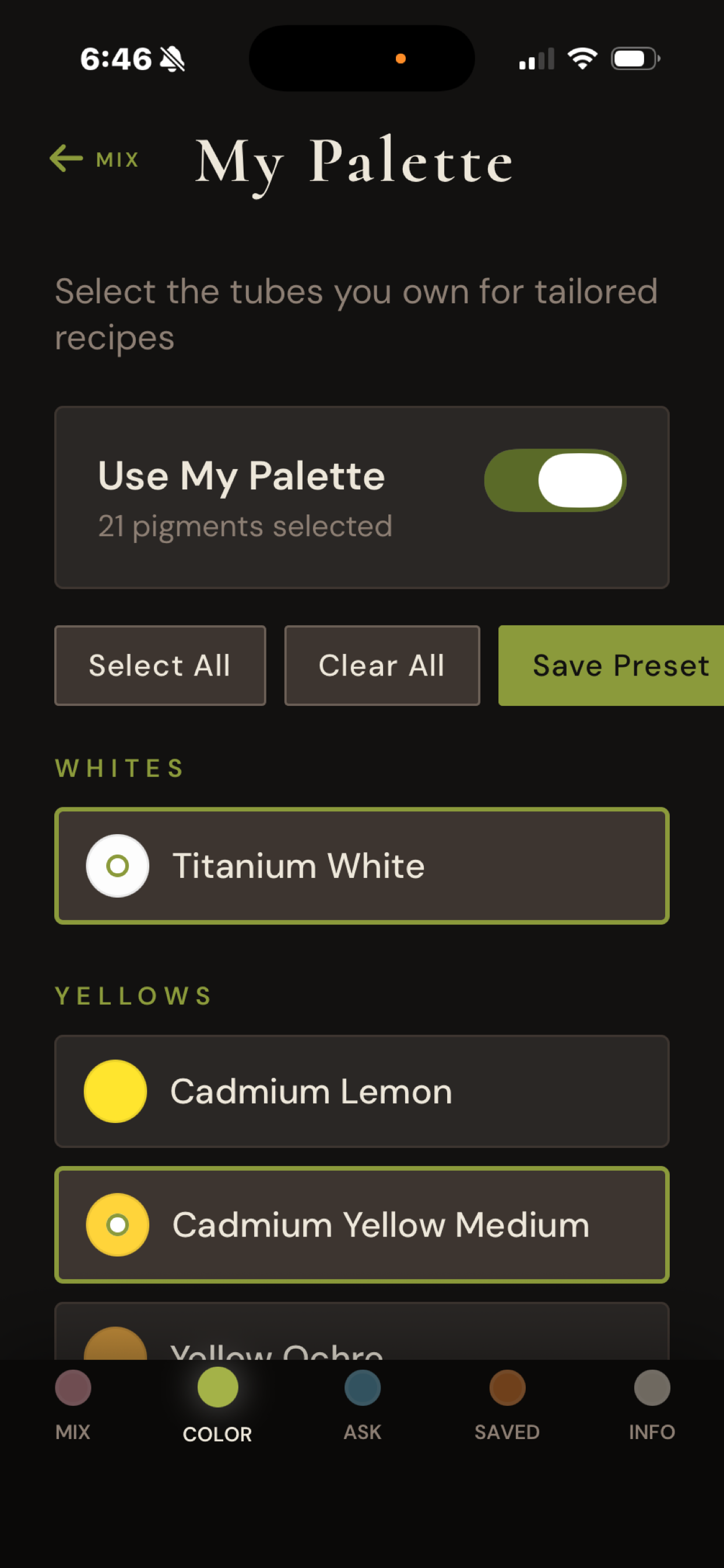The Impasto custom palette of pigments.