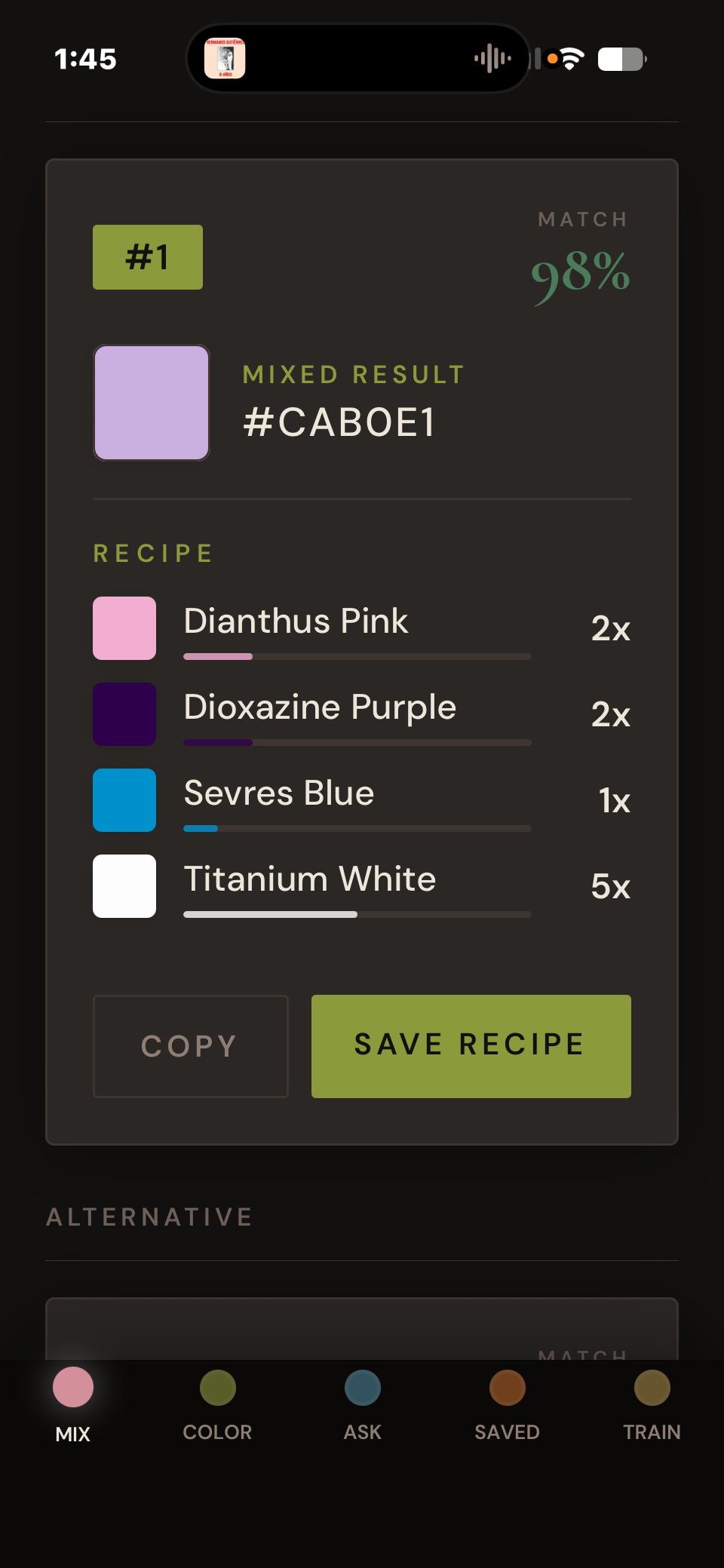 An Impasto mixing recipe, a 98 percent match in parts.