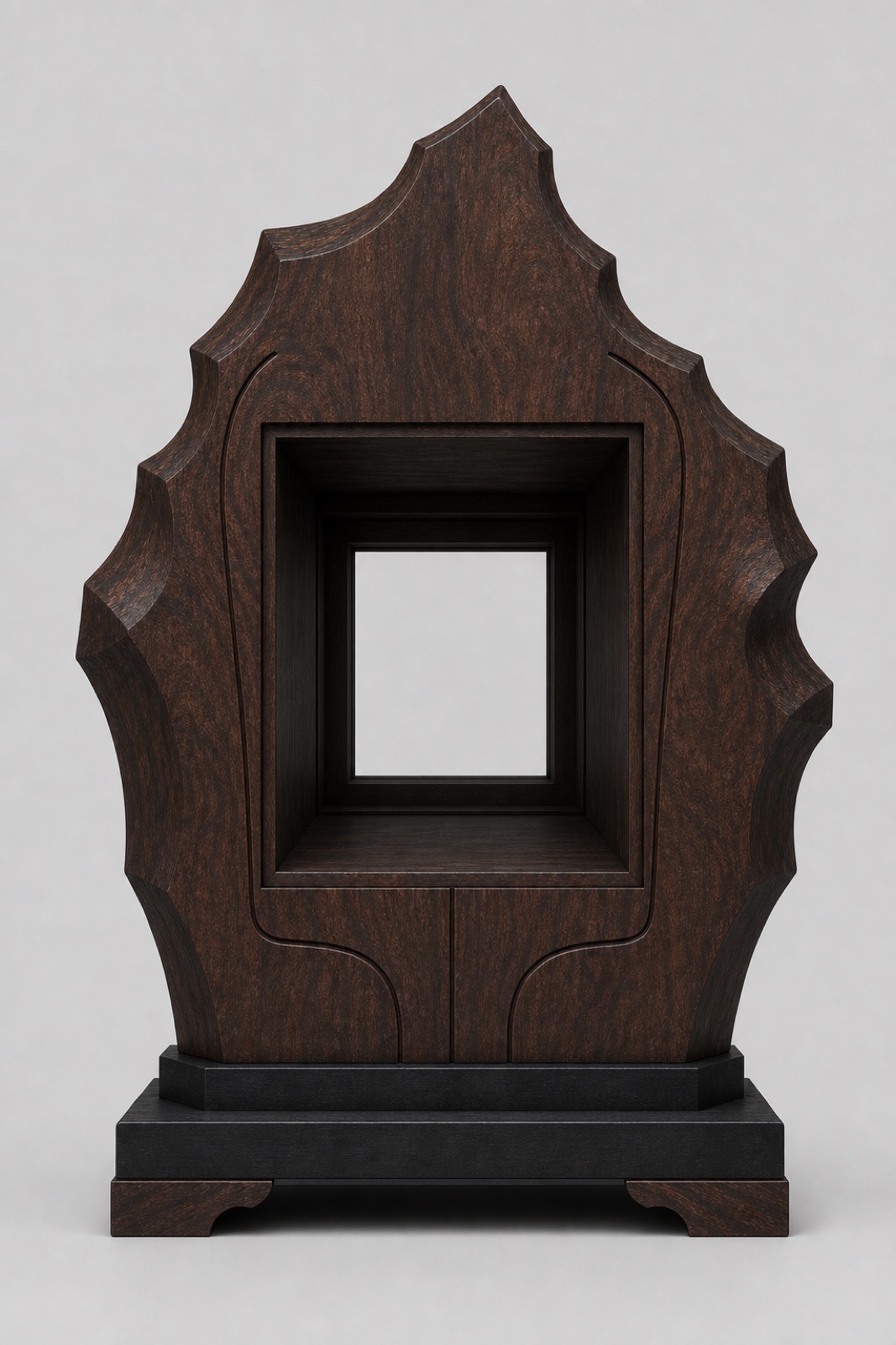 Rear view of the walnut burl cabinet showing the through-cavity and back-side depth.