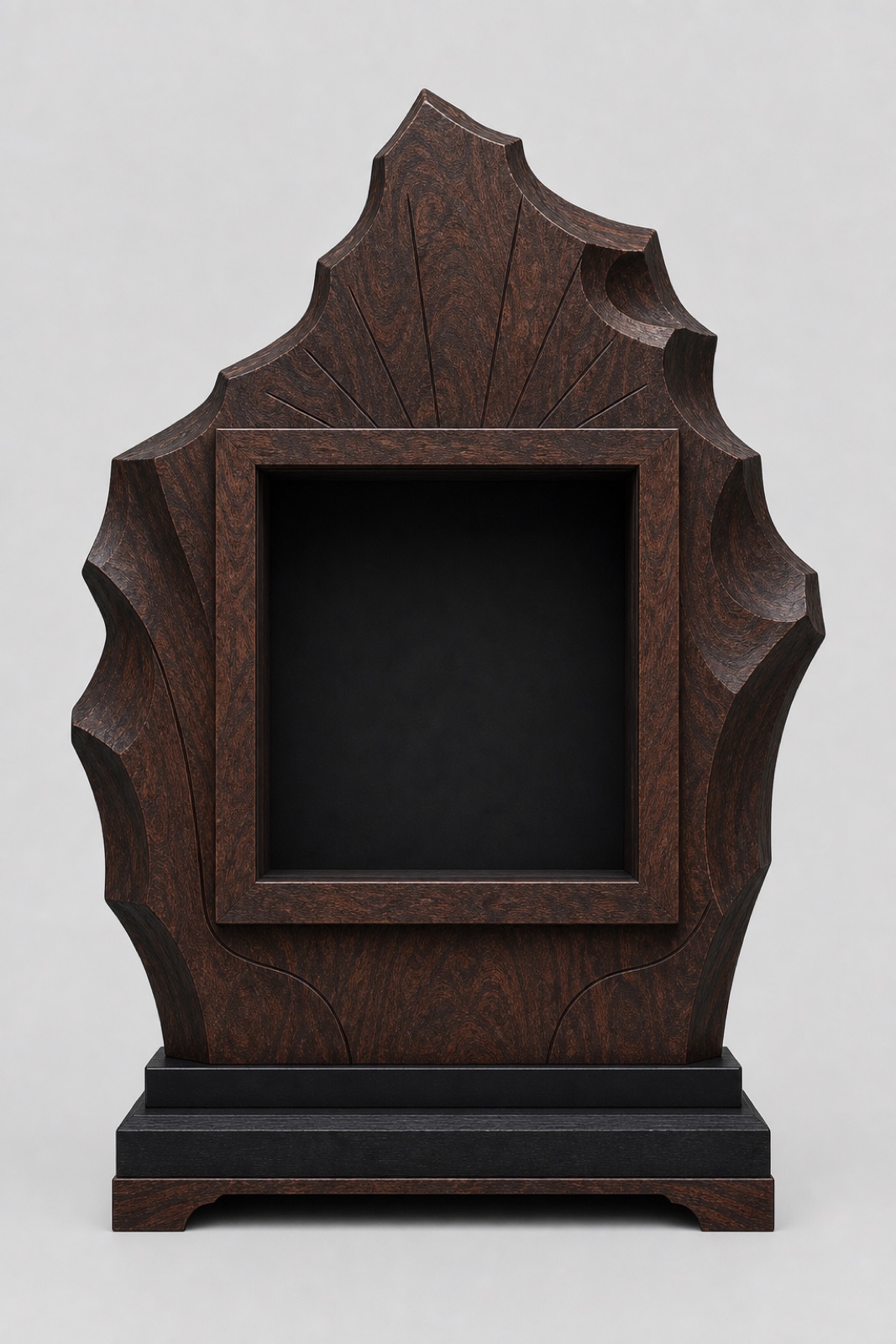 Front view of a dark walnut burl timepiece cabinet with a large framed display aperture.