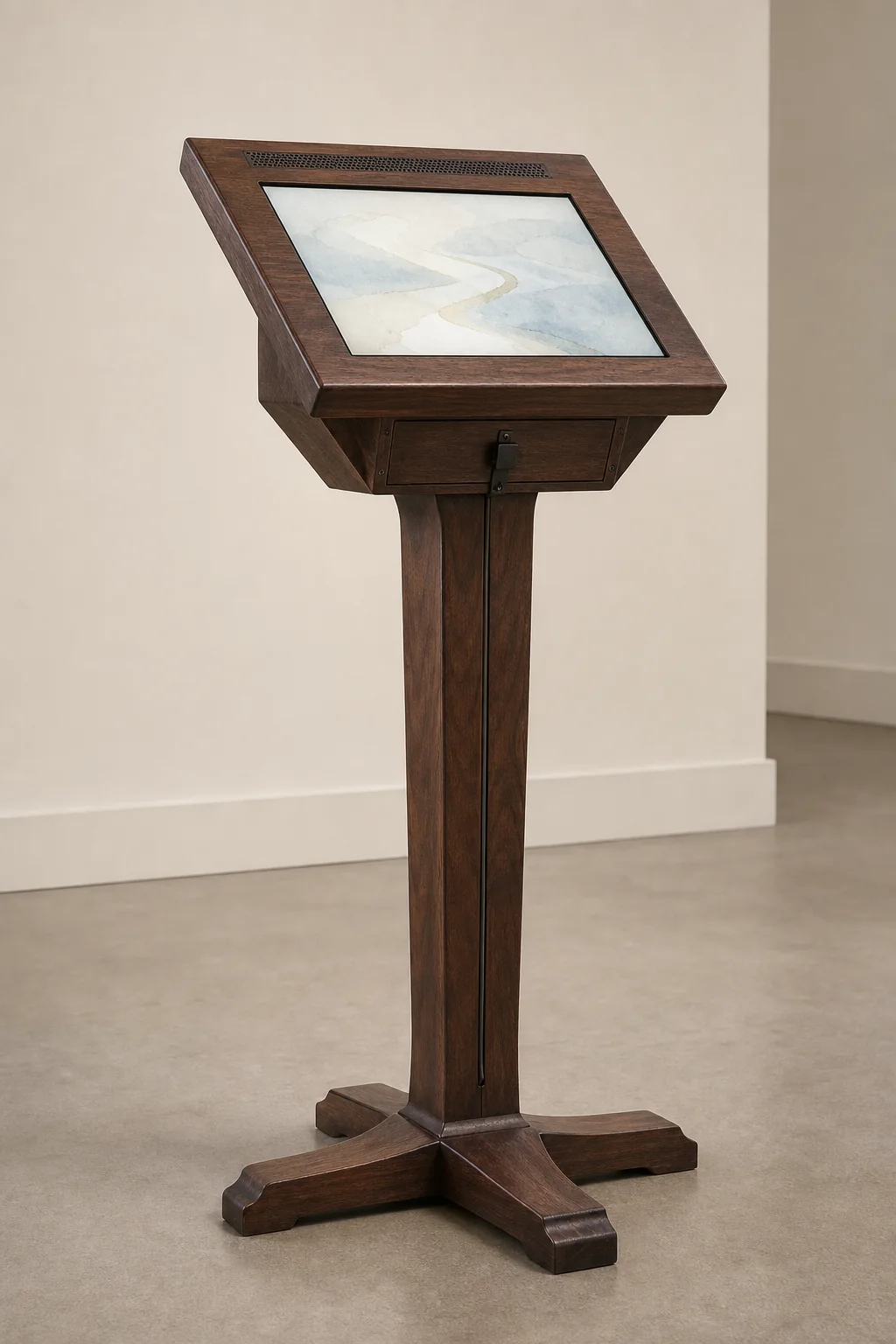 Concept render of a compact wooden freestanding display stand with an inclined screen.