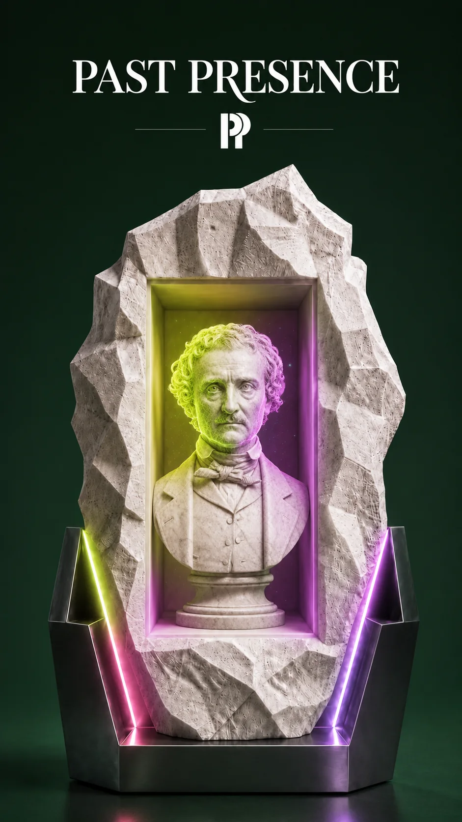 Edgar Allan Poe presented as a luminous bust inside a carved stone display object.