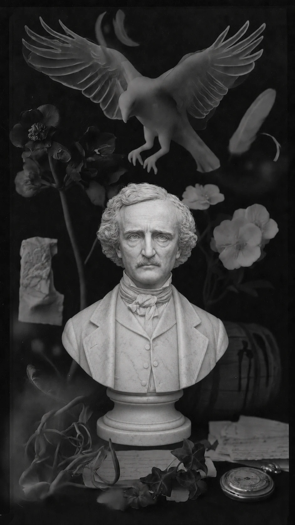 Edgar Allan Poe rendered as a bust inside a dark still-life chamber with a bird, flowers, papers, and a pocket watch.