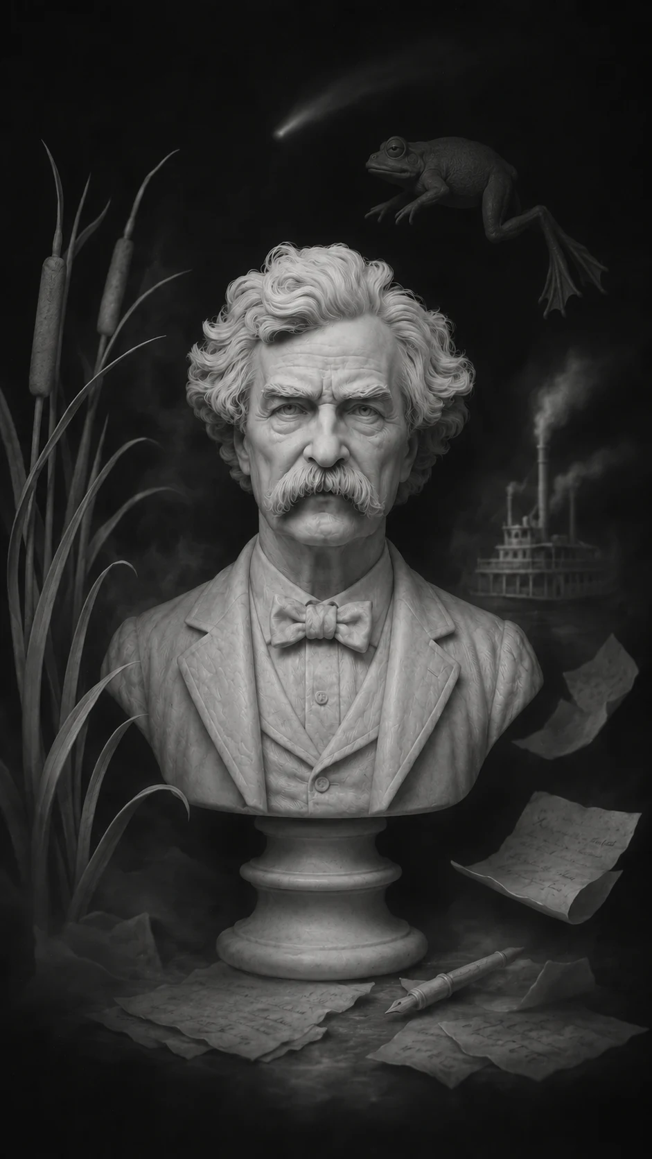Mark Twain rendered as a bust inside a dark still-life chamber with a frog, cattails, a steamboat, and scattered papers.