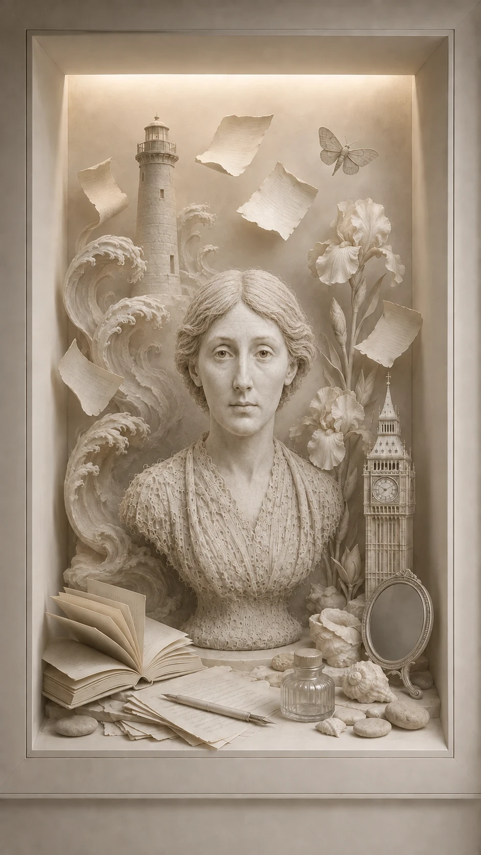 Virginia Woolf rendered as a bust inside a lit still-life chamber with pages, waves, flowers, and architectural forms.