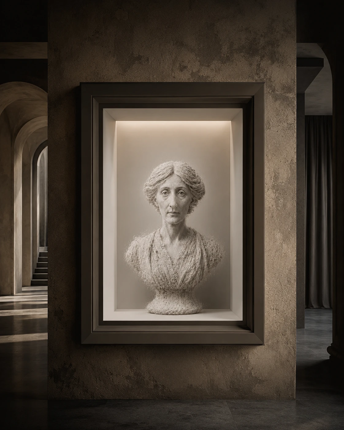 A lit, framed bust of Virginia Woolf set into a gallery wall, a single figure installed in an institution.