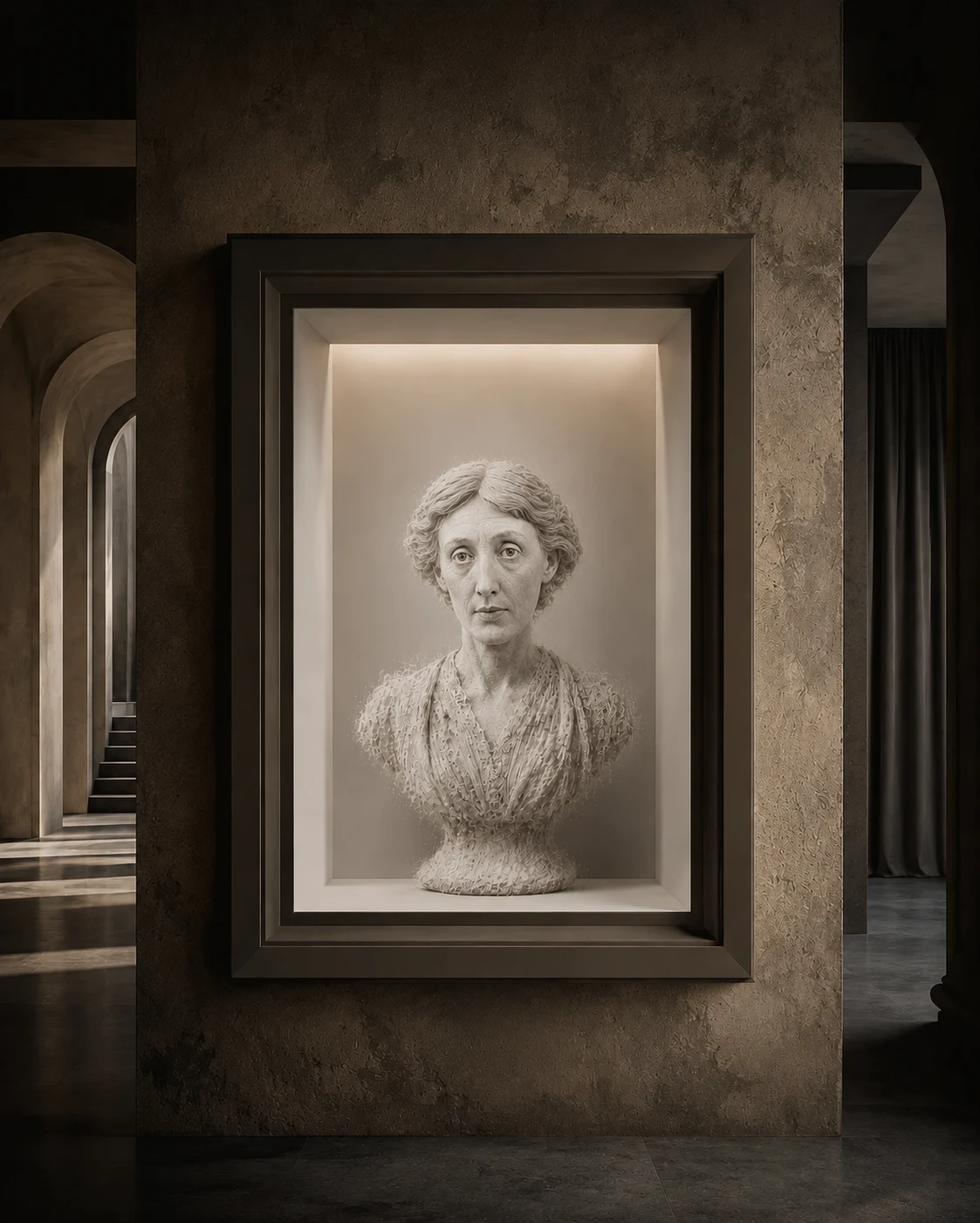 A lit, framed bust of Virginia Woolf set into a gallery wall, a single figure installed in an institution.