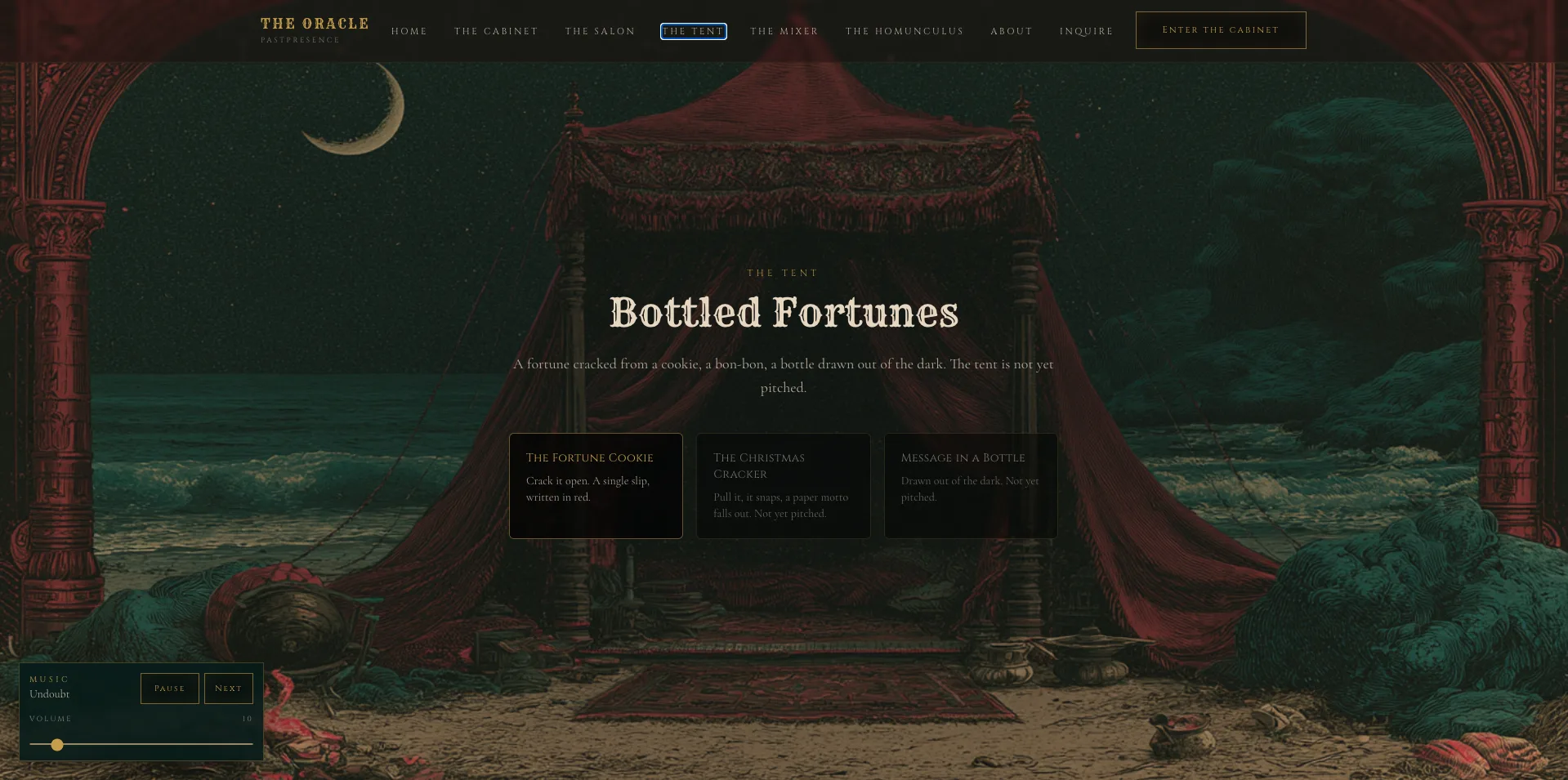 A fortune-teller's tent by a moonlit sea, scattered with bottles, the setting for the bottled-fortune modes.