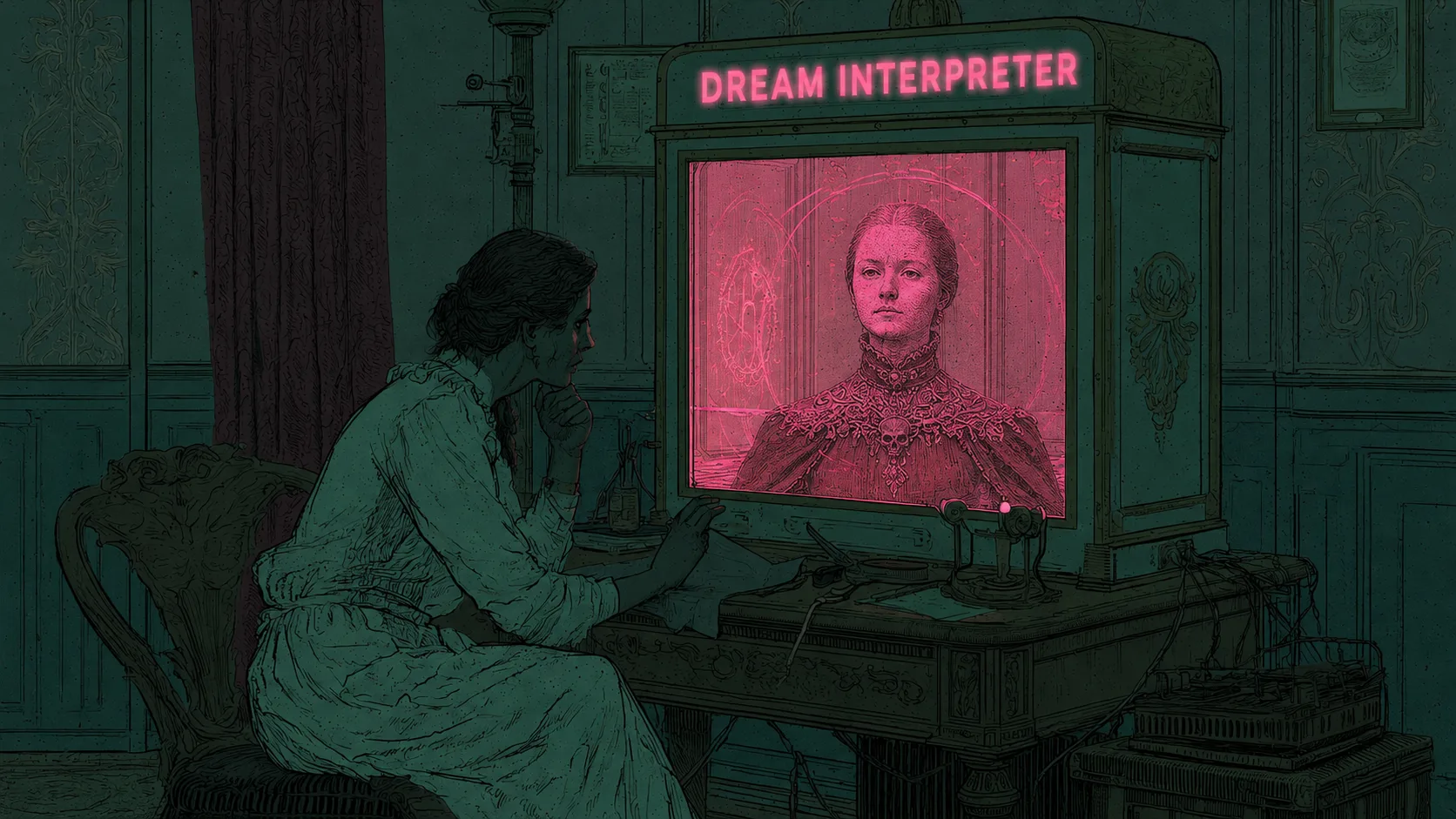 A seated visitor facing a screen labeled Dream Interpreter, a glowing apparition inside, in a dim Victorian room.