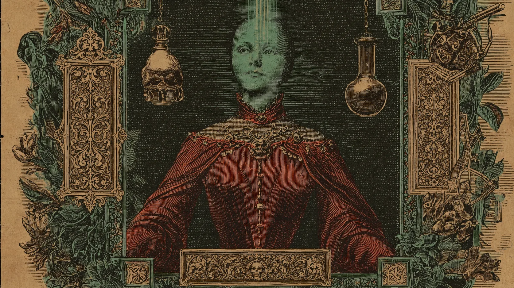 The Oracle apparition: a figure in red inside an ornate gilt frame.