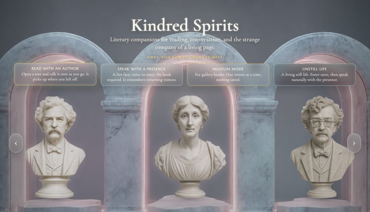 Browser-based Reading Companions interface with Mark Twain, Virginia Woolf, and Kurt Vonnegut as selectable authors.