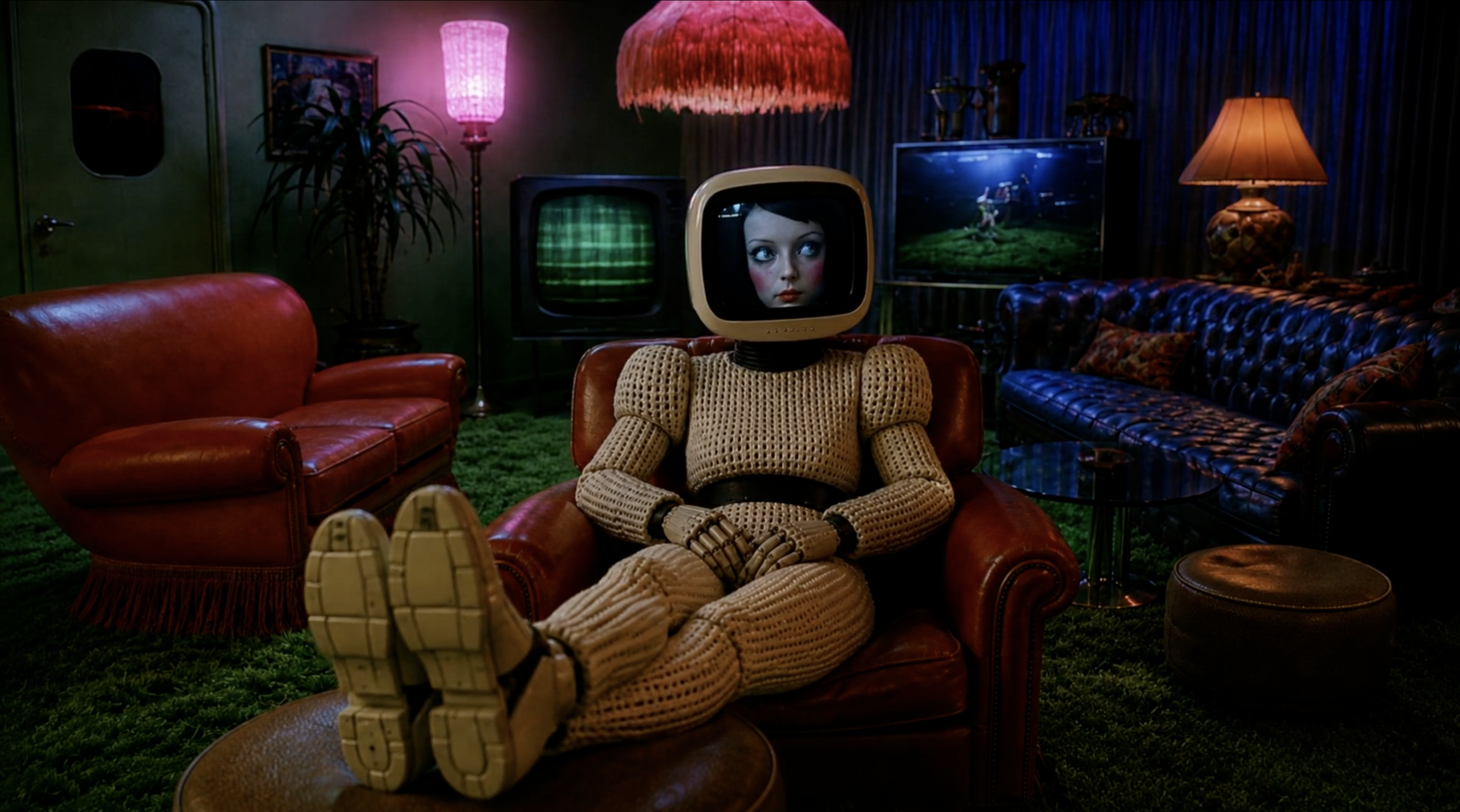 Robot sitting in a red chair