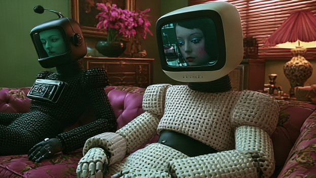 Two robots seated on a couch