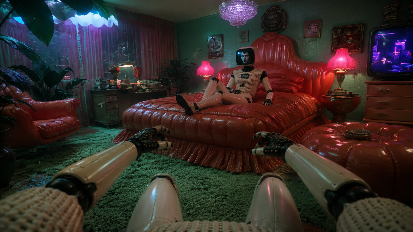 Hammond, a screen-headed robot resident, in a tomato-red room