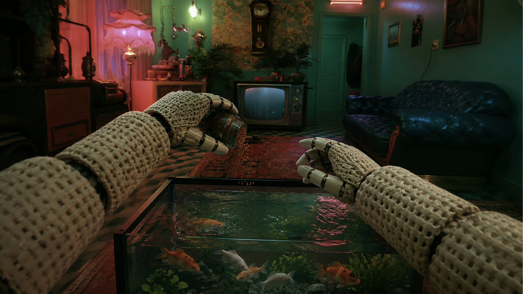 First-person view through a robot body feeding fish in an apartment