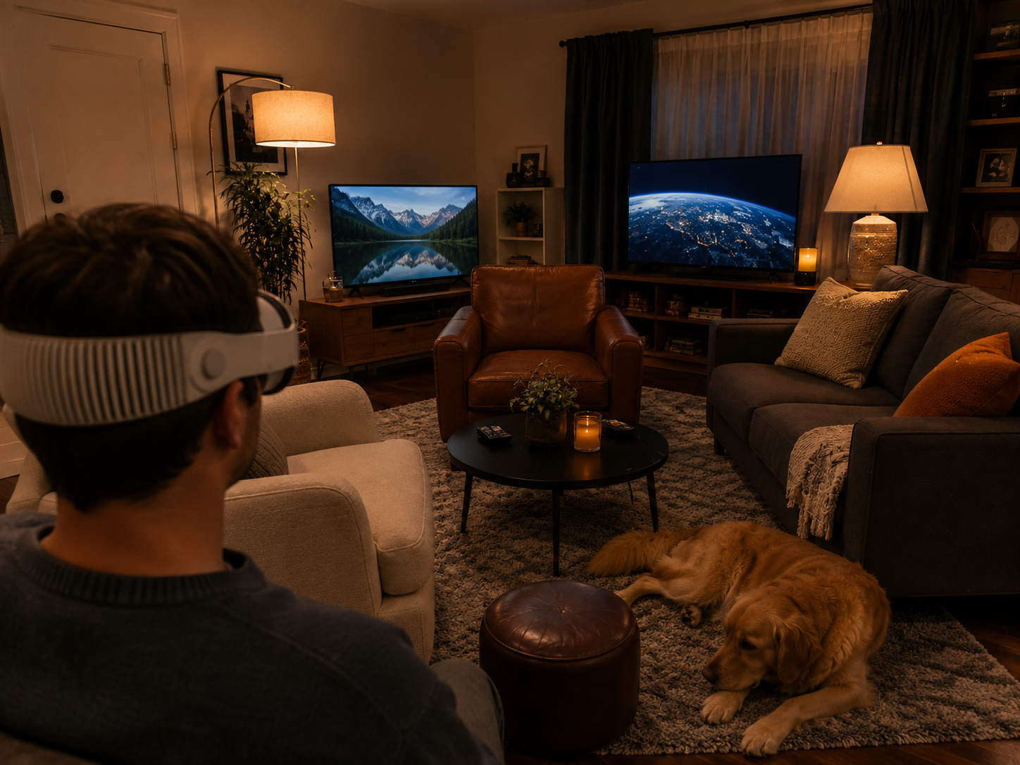 A resident wearing a headset in the ordinary living room