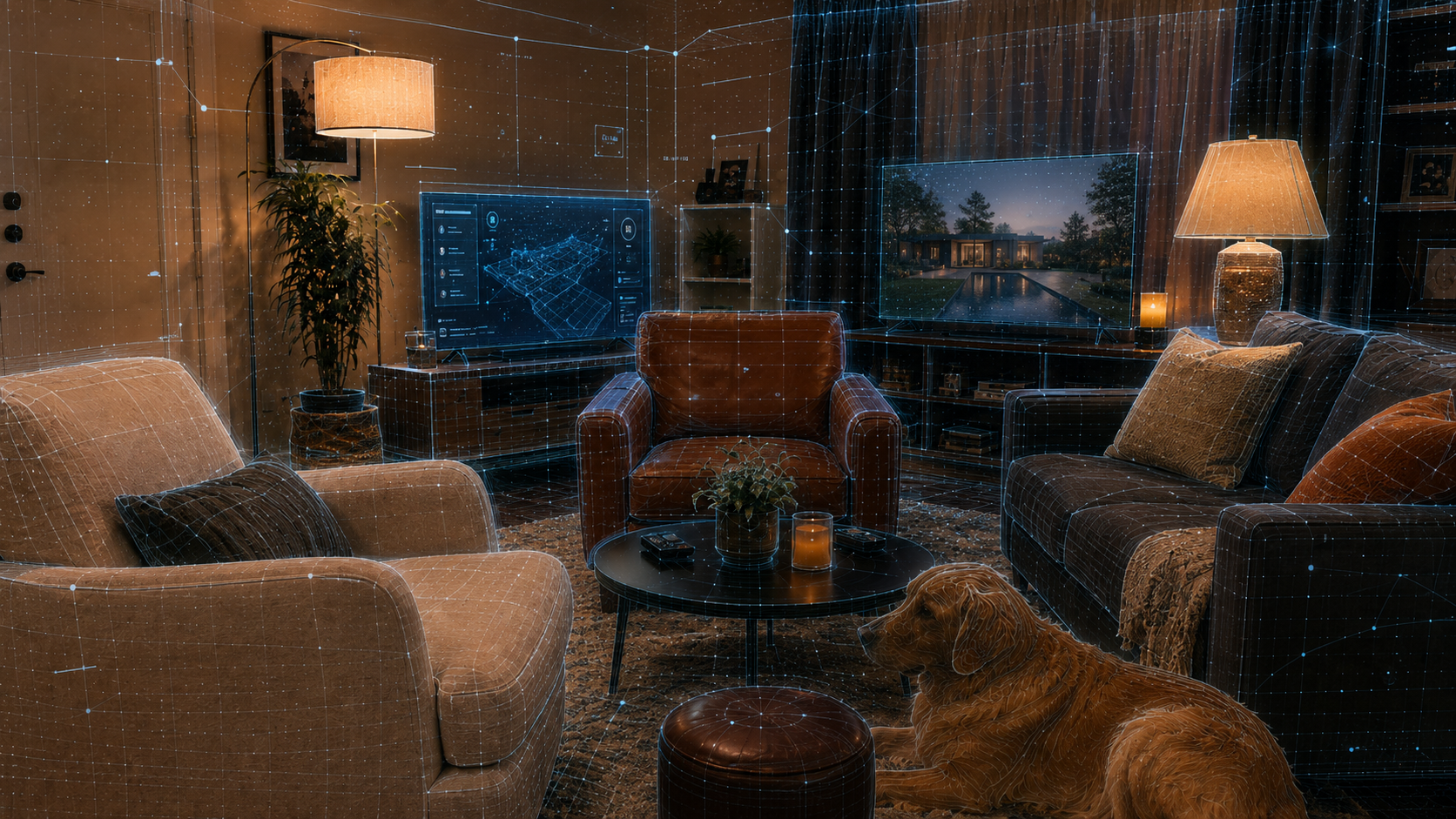 The living room with a spatial scan overlay