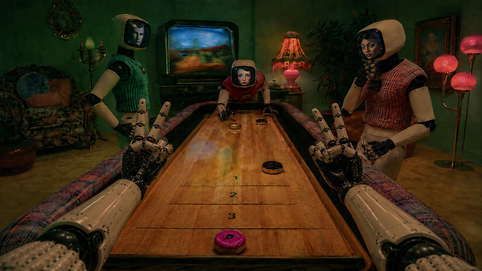 A first-person view of robot residents gathered around a table shuffleboard game