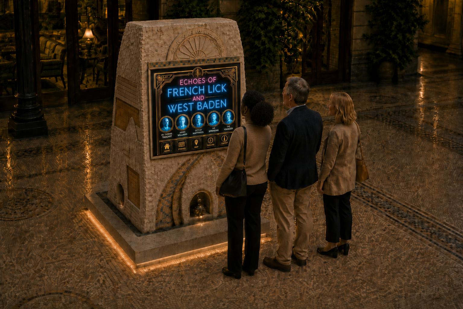 Concept render of three visitors before a carved stone monolith in a hotel atrium, reading a glowing menu of voices for Echoes of French Lick and West Baden.