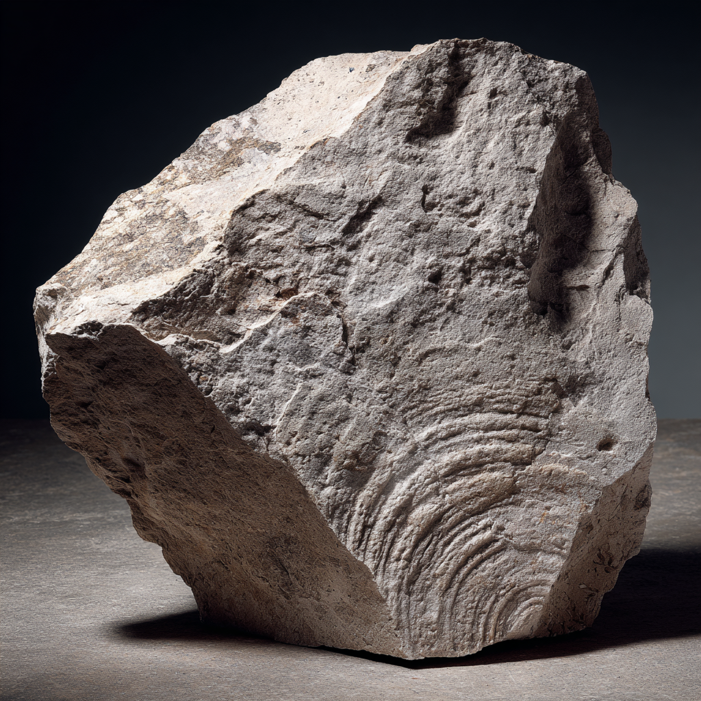 A block of Indiana limestone with visible fossil striations, lit in a studio.