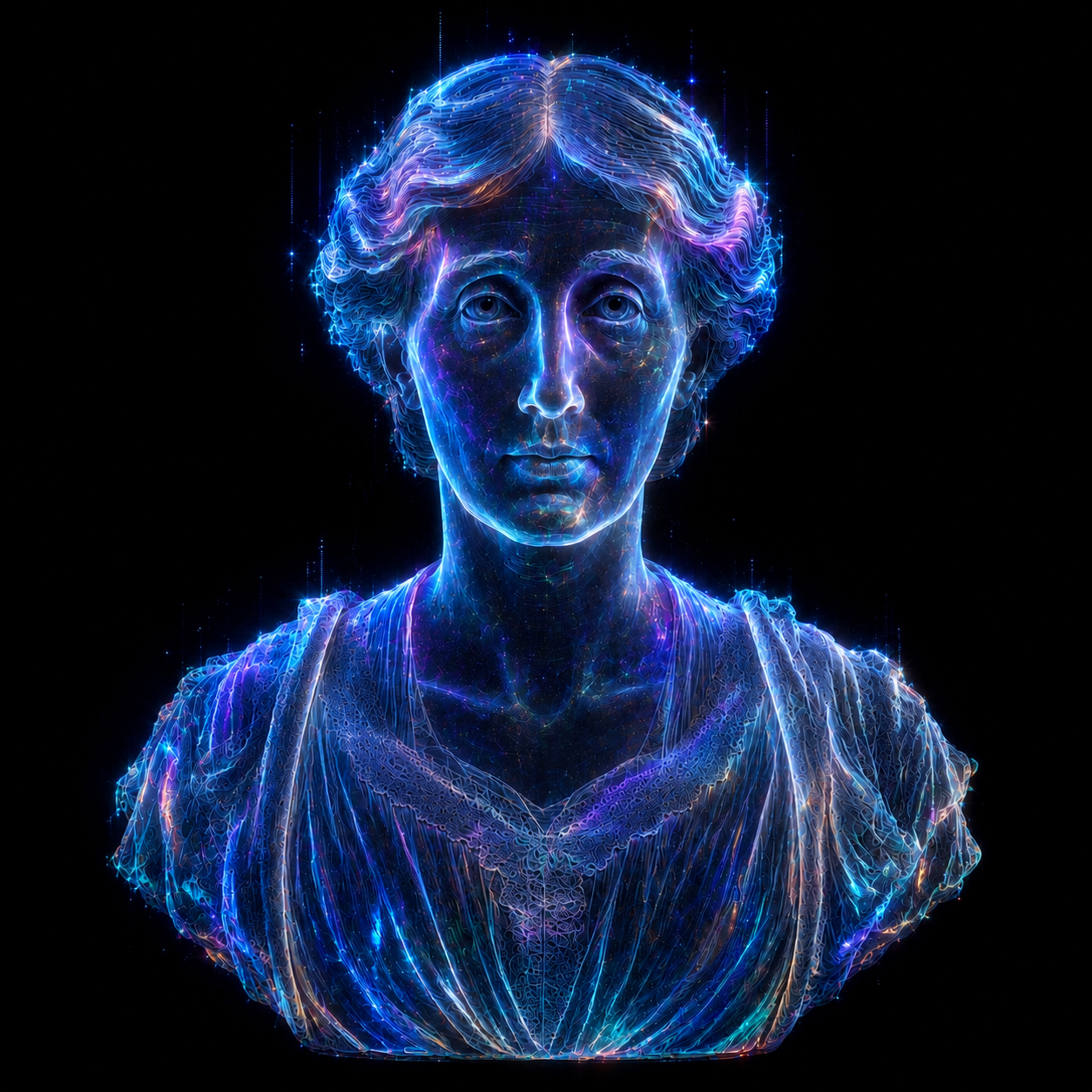 A companion presence rendered as a glowing blue holographic bust of Virginia Woolf on a black ground.