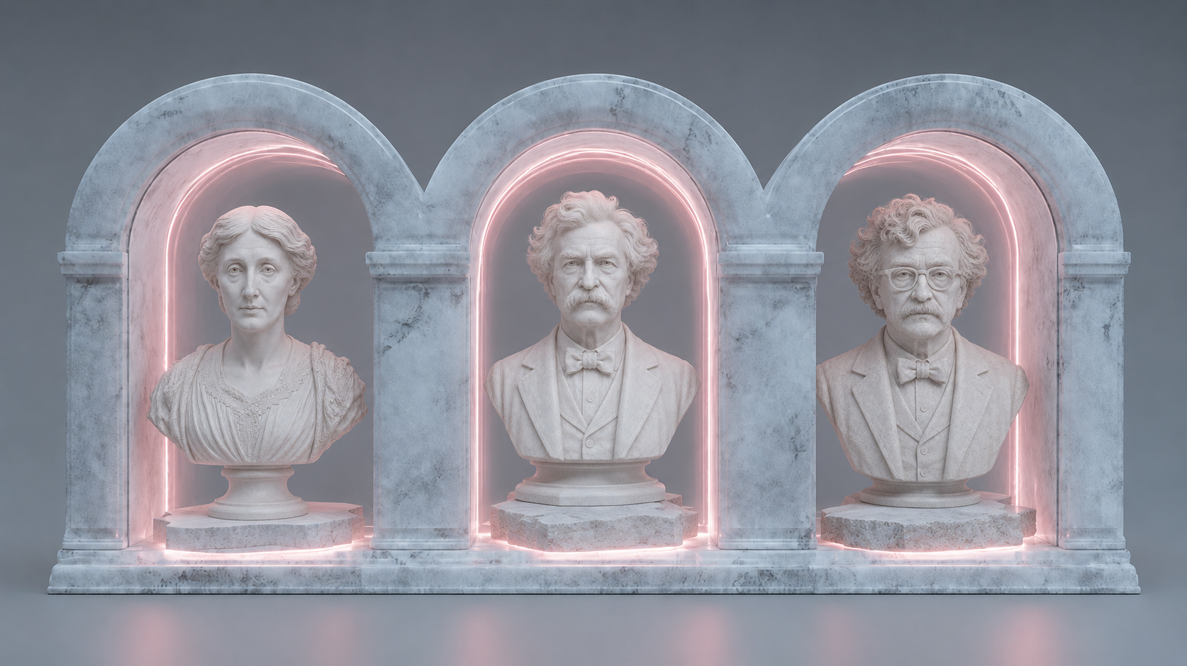 Three companion presences rendered as marble busts in lit niches: Virginia Woolf, Mark Twain, and Kurt Vonnegut.