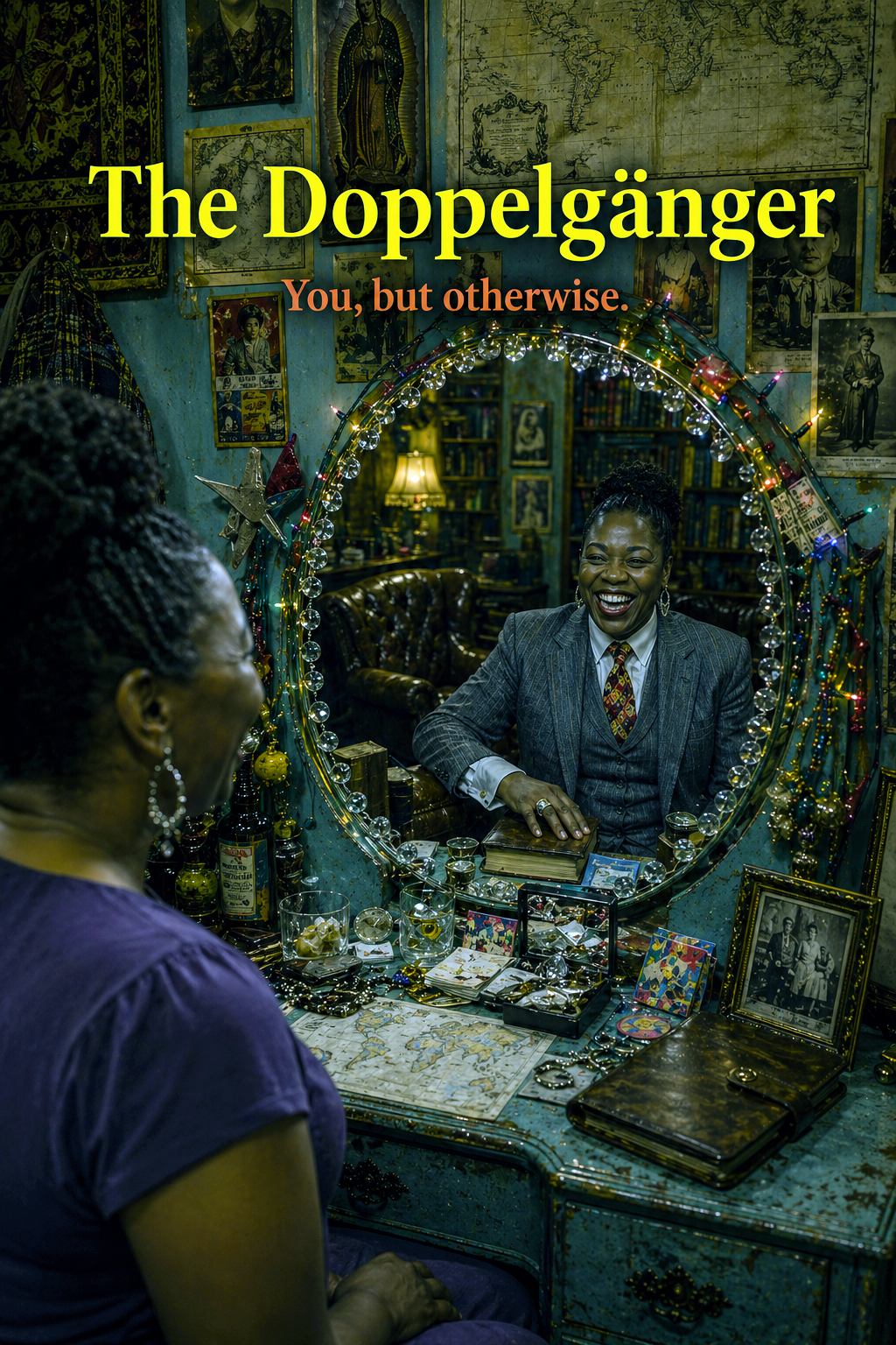 The Doppelganger poster: a woman at a vanity mirror whose reflection is a different, sharply dressed version of herself. Tagline: you, but otherwise.