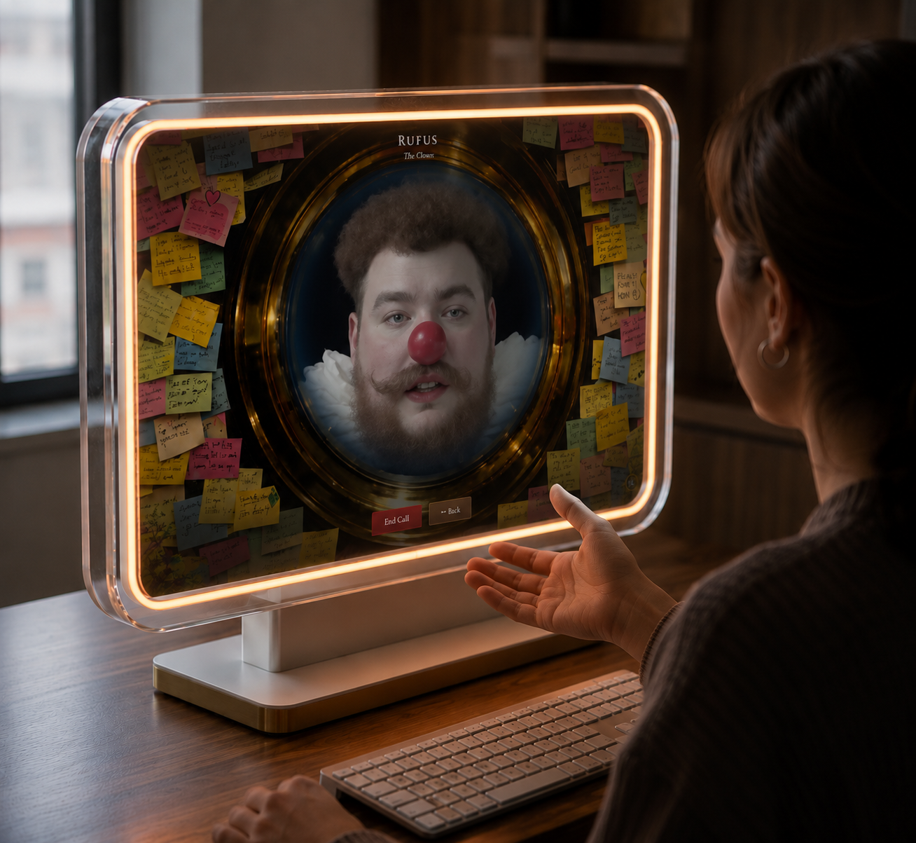 A visitor in conversation with a character on a desk display in The Knock.