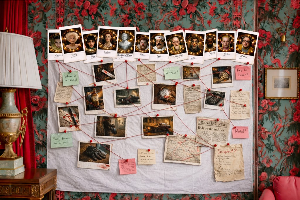 A pinned wall of photos, names, and red string built up during a session of The Knock.