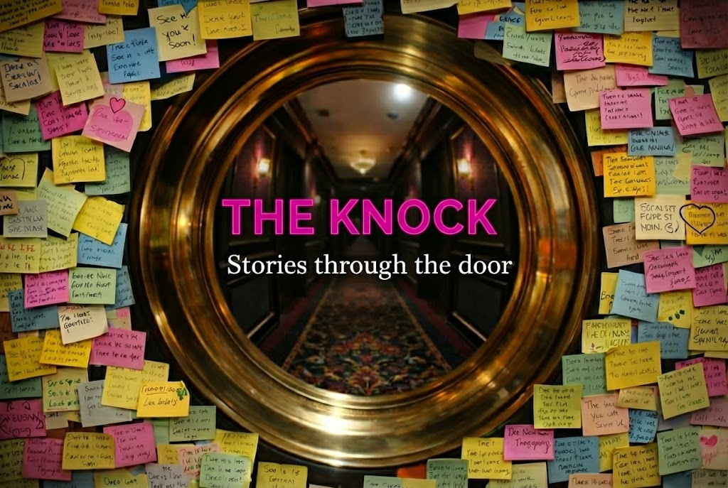 The Knock title card: a brass hotel peephole looking onto a corridor, set in a wall of handwritten notes.