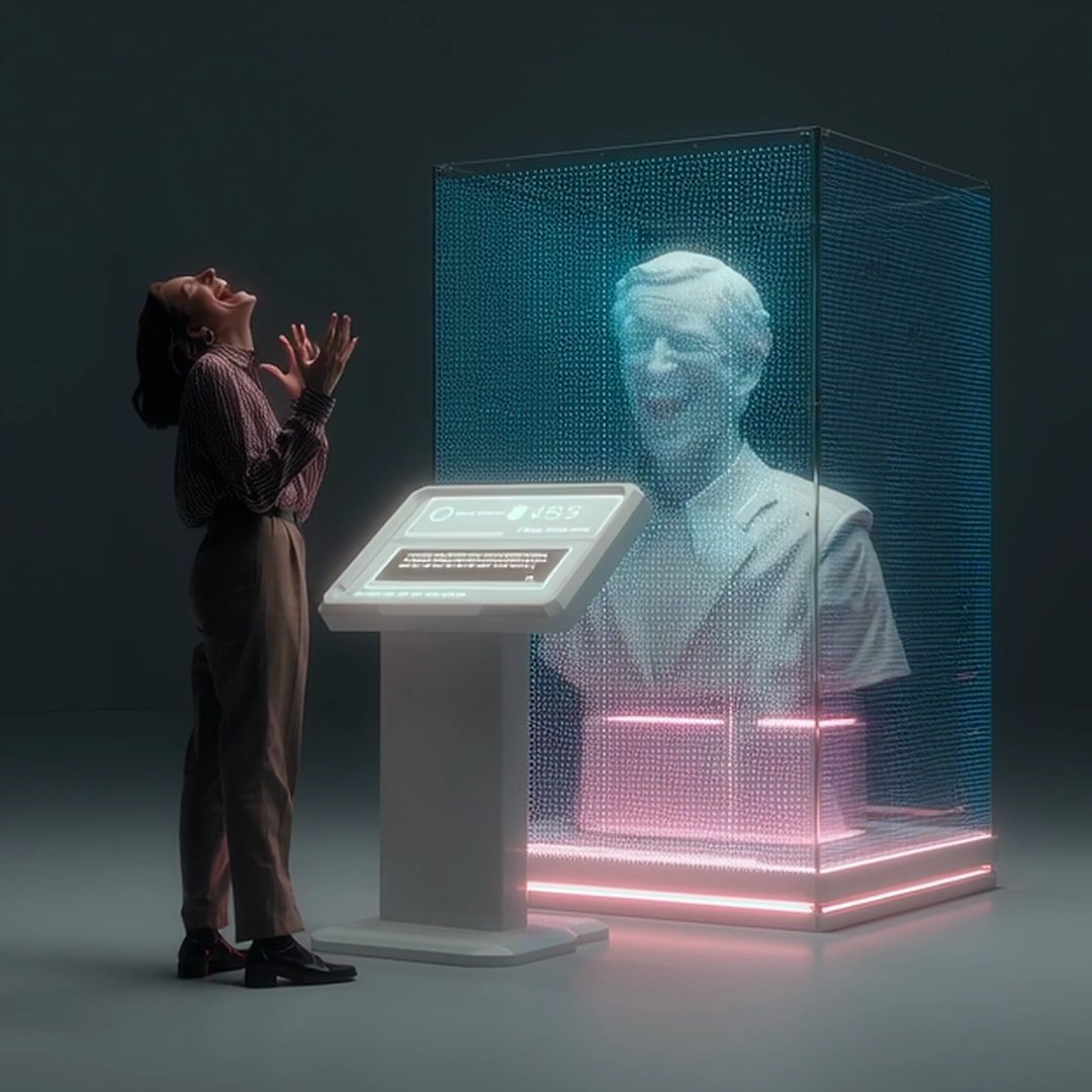 A visitor laughing with a holographic presence in a lit vitrine.